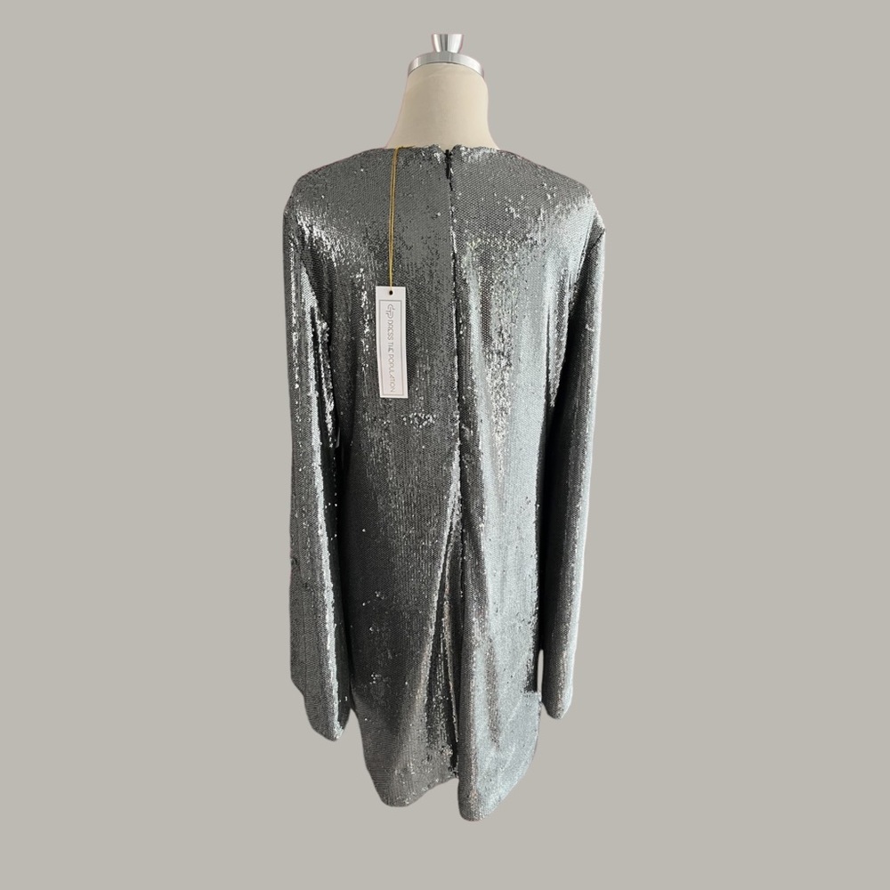 DRESS THE POPULATION SILVER SHINEY SEQUIN PARTY DRESS NEW TAGS Large - Picture 6 of 13